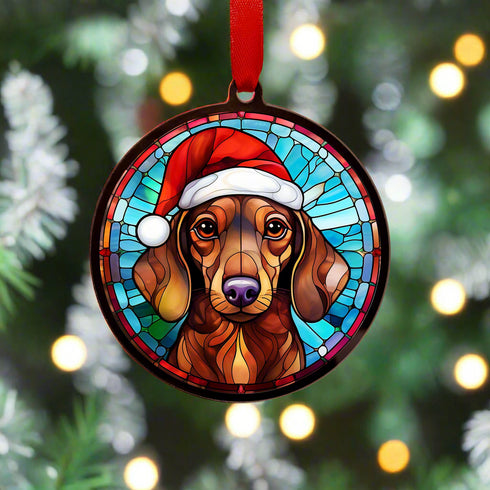 Dachshund Red in Santa Hat Suncatcher Decoration